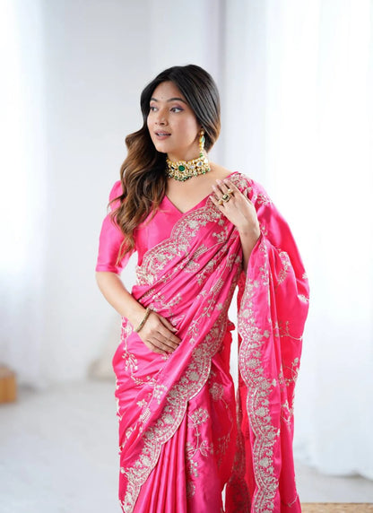 Pink Heavy Satin Silk With Embroidery Saree