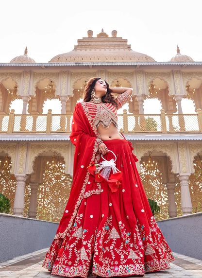 Red Pure Vichitra Silk Embroidery Thread Work Lehenga Choli