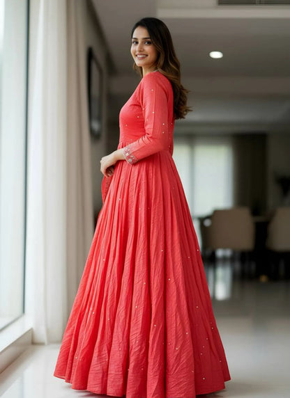 Embroidery Zari Work Silk Gown Red