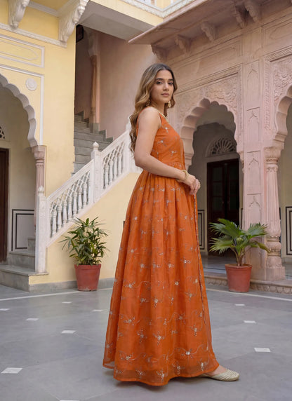Orange Fandy Silk Embroidery Anarkali Gown