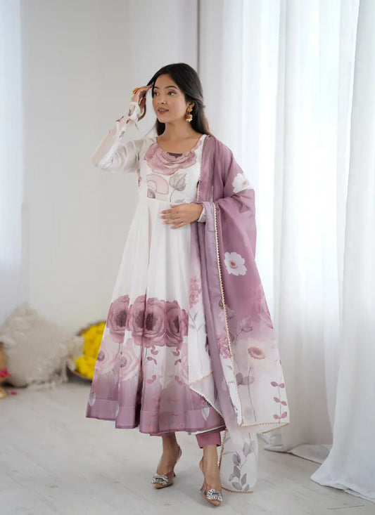 Heavy Pure Soft Organja Silk Print Anarkali Onion Pink