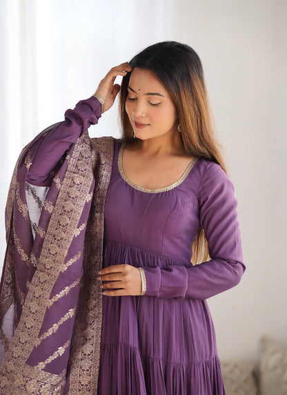 Heavy Pure Romansilk Anarkali Mauve