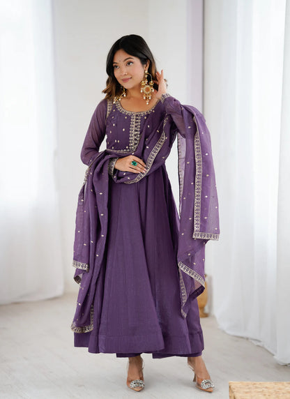 Pure Crunchy Silk Fabric Anarkali Suit Purple