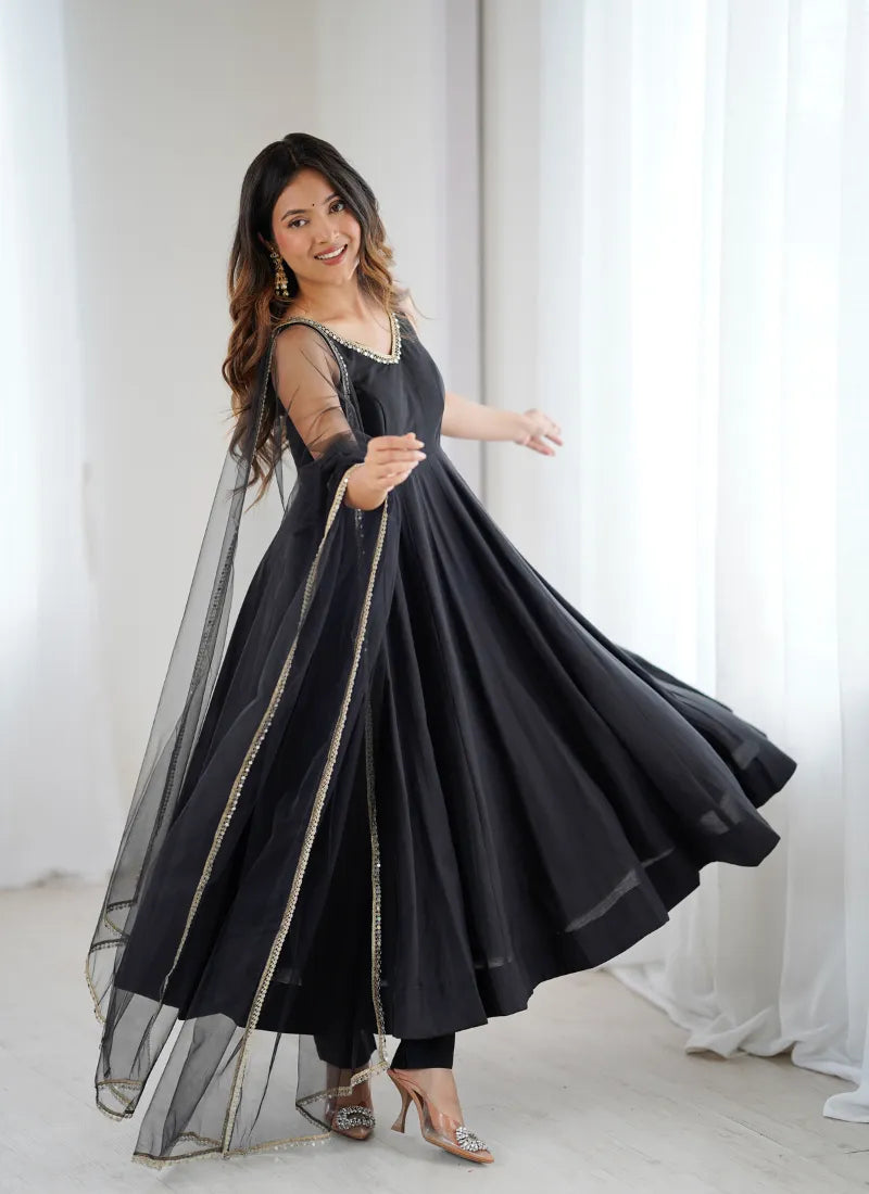 Pure Romansilk Chanderi Fabric Anarkali Black