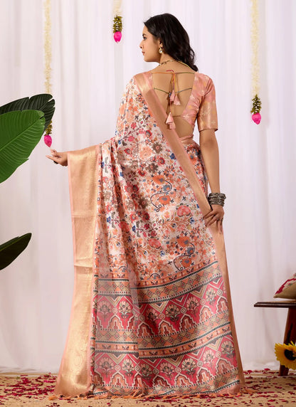 Intricate Floral Print Soft Lichi Silk Saree