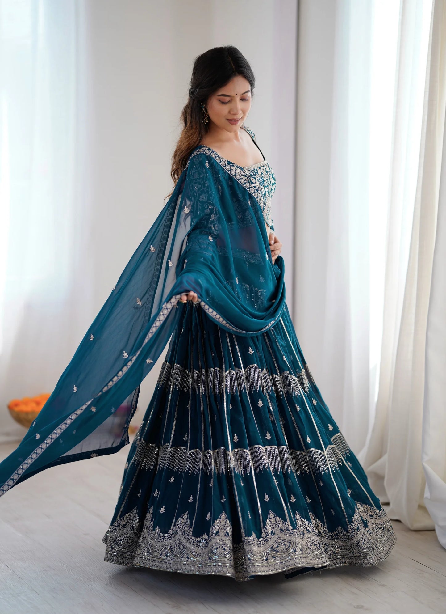 Blue Faux Georgette Thread Embroidery Lehenga Choli