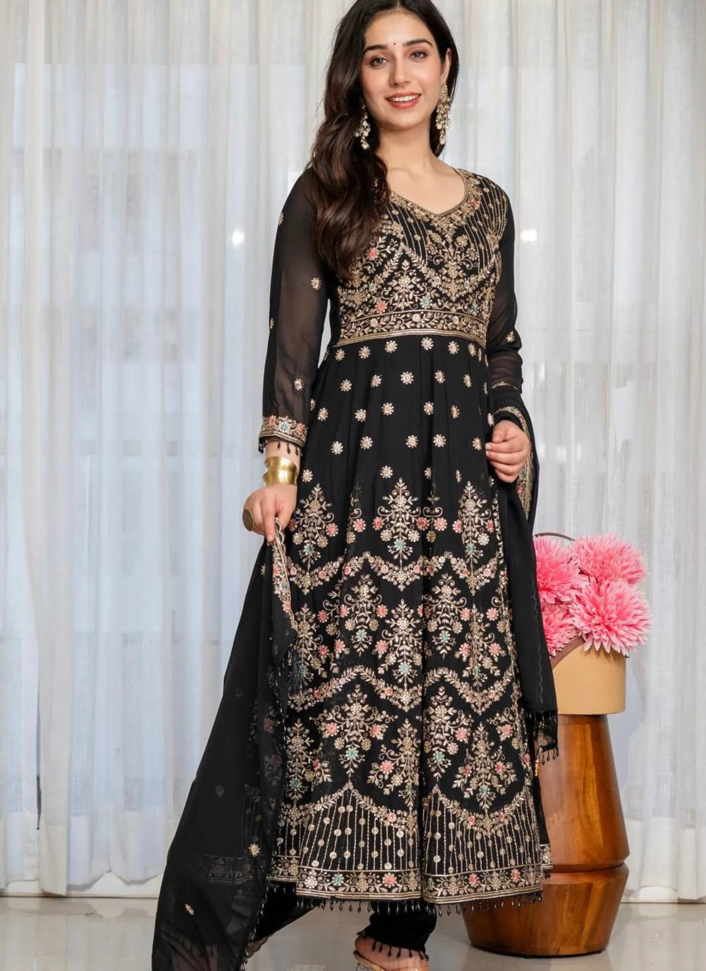 Black Faux Blooming Fabric Thread Embroidered Anarkali Suit