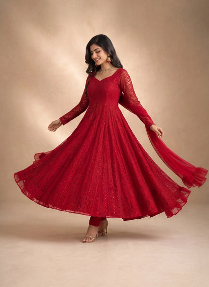 Red Lucknowi Sequence & Thread Work Anarkali Suit