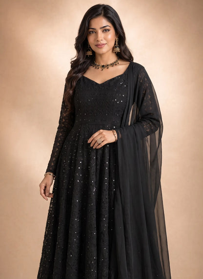 Black Lucknowi Sequence & Thread Work Anarkali Suit