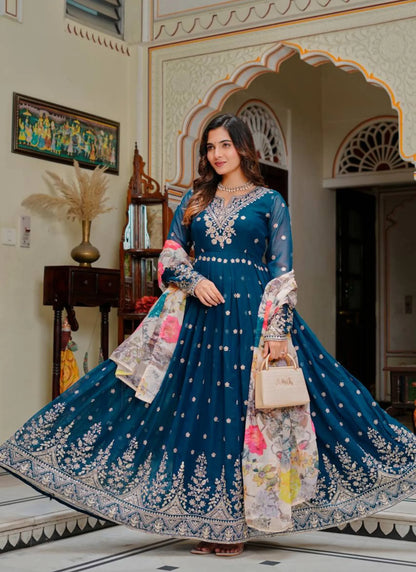 Blue Georgette Thread Work Anarkali Suit