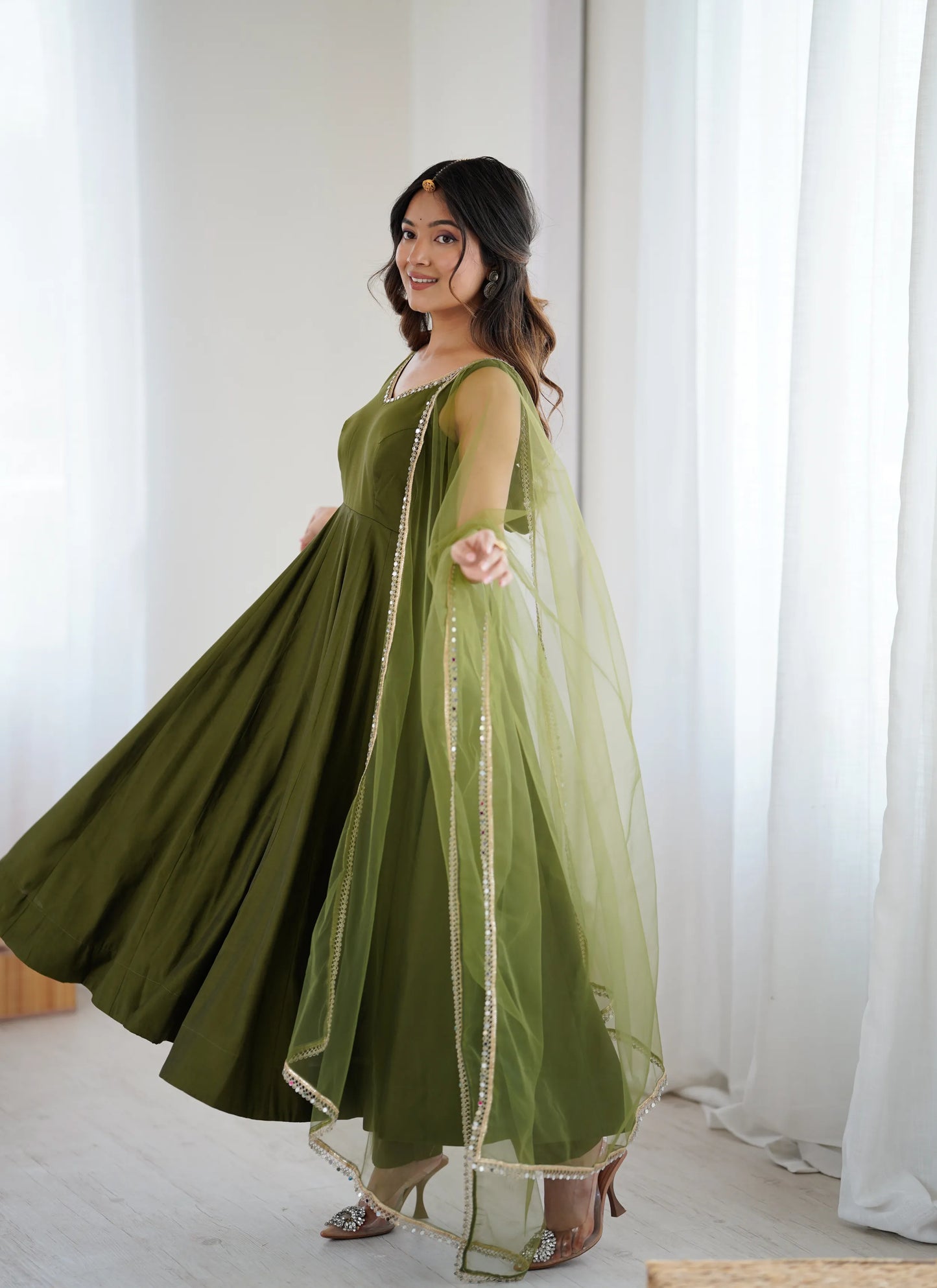 Pure Romansilk Chanderi Fabric Anarkali Mehandi