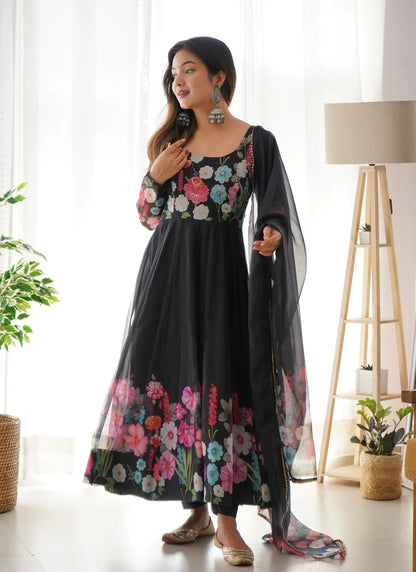 Pure Soft Organja Silk Anarkali Black