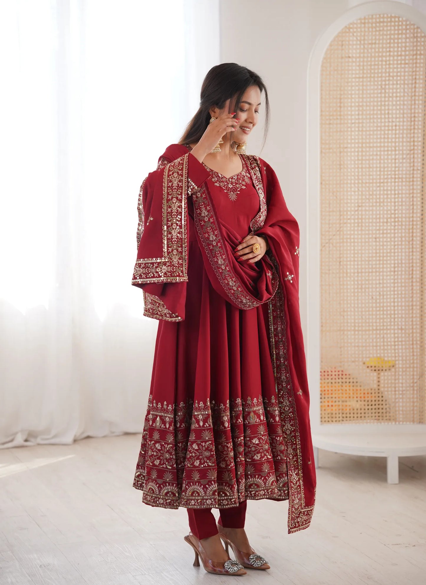 Maroon Embroidered Sequence Anarkali Suit