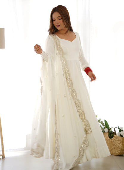 Pure Romansilk Chanderi Fabric Anarkali White