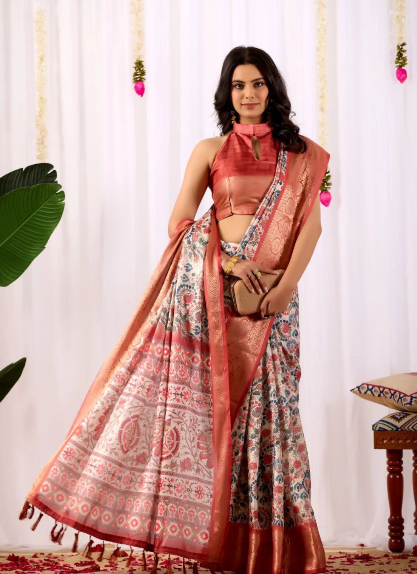 Geometric Prints Soft Lichi Silk Saree