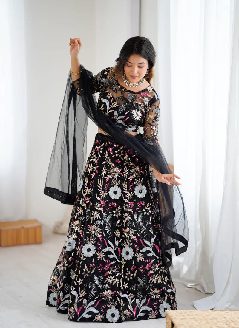 Premium Butterfly Net Lehenga Black