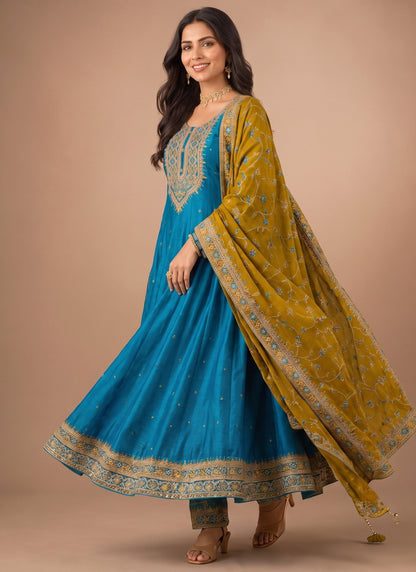 Peacock Vichitra Silk Designer Anarkali Set
