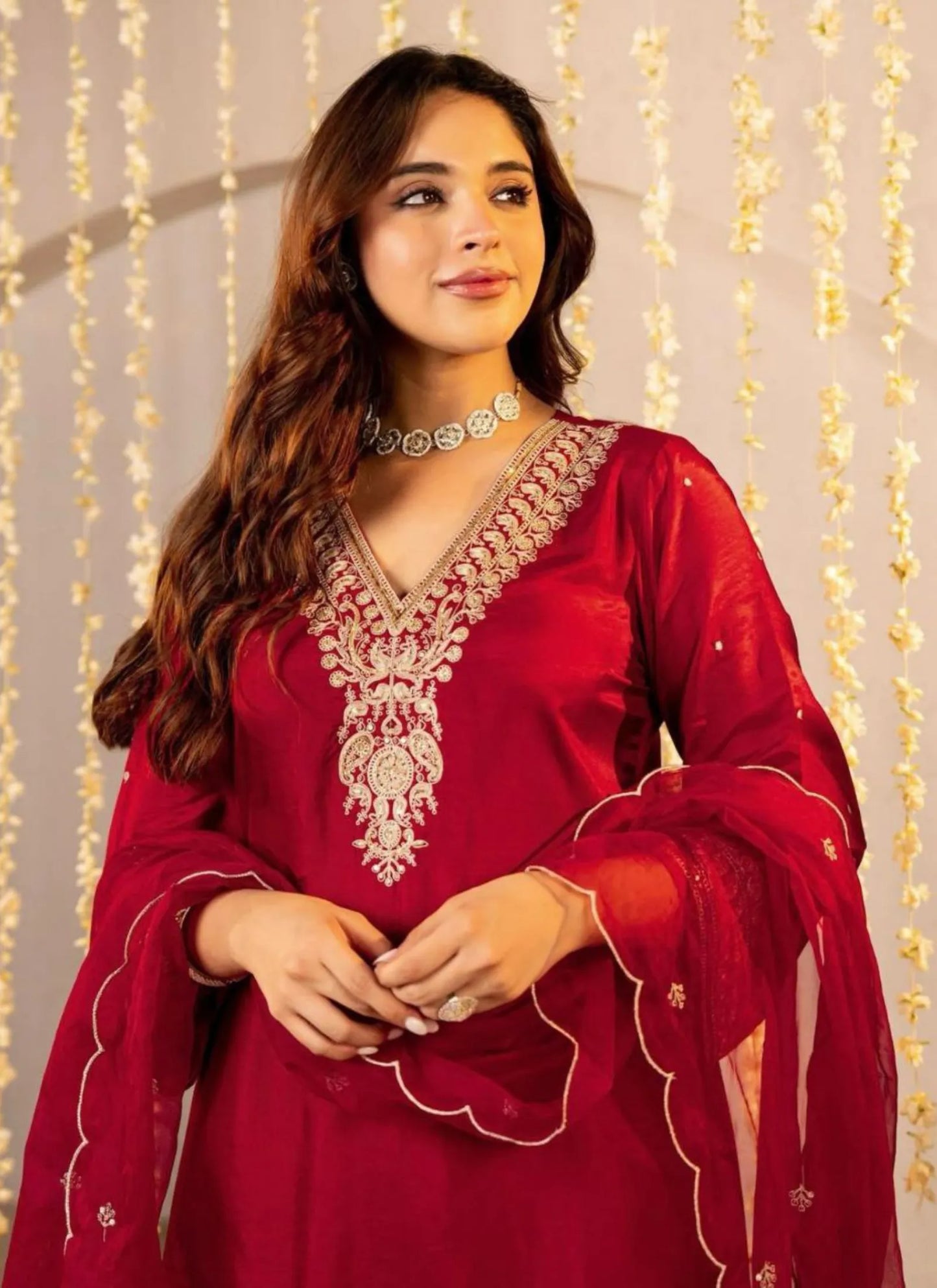 Premium Roman Silk Designers Kurta Set Red