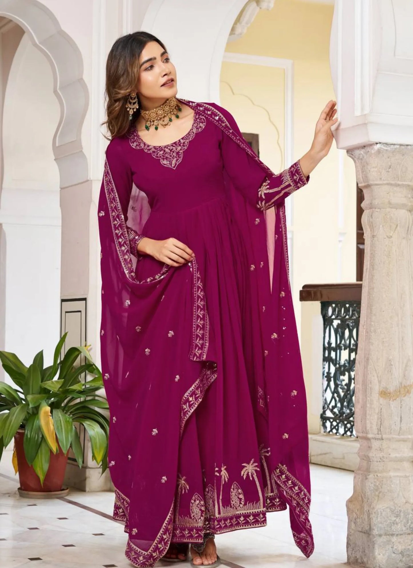 Pink Faux Georgette Thread Work Anarkali Suit