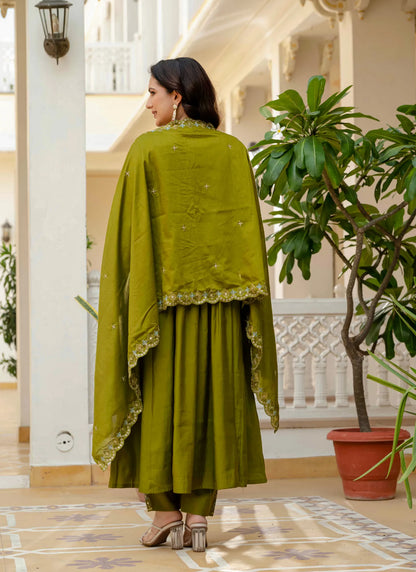 Beautiful Roman Silk Anarkali Kurti Mehndi
