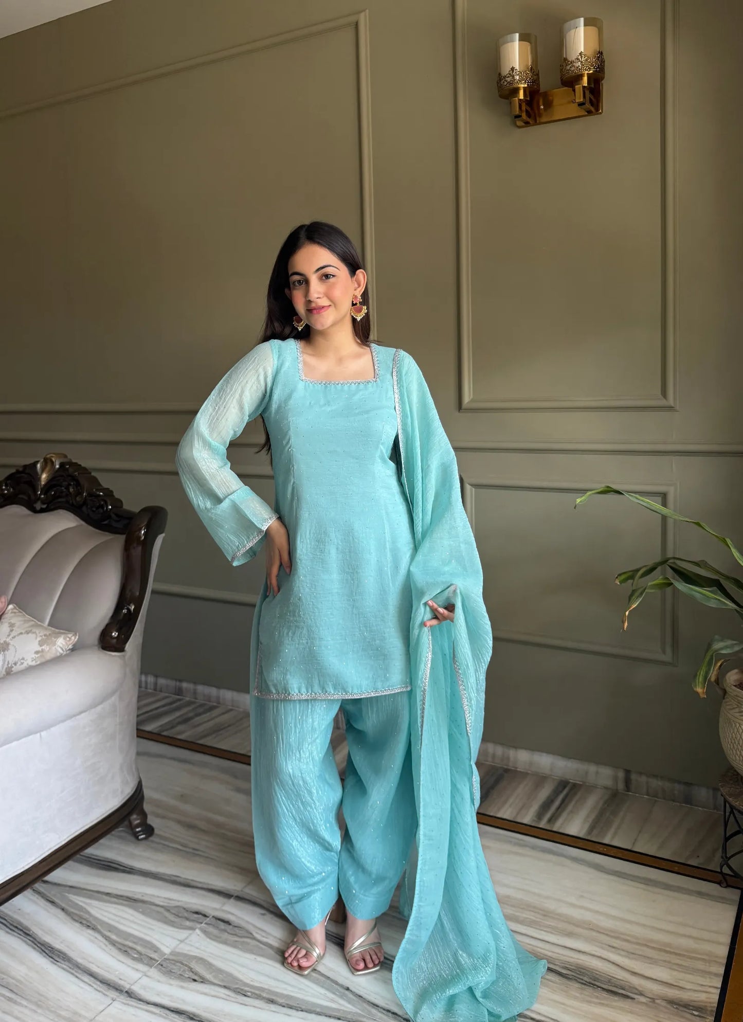Sky Blue Crunchy Silk Salwar Suit