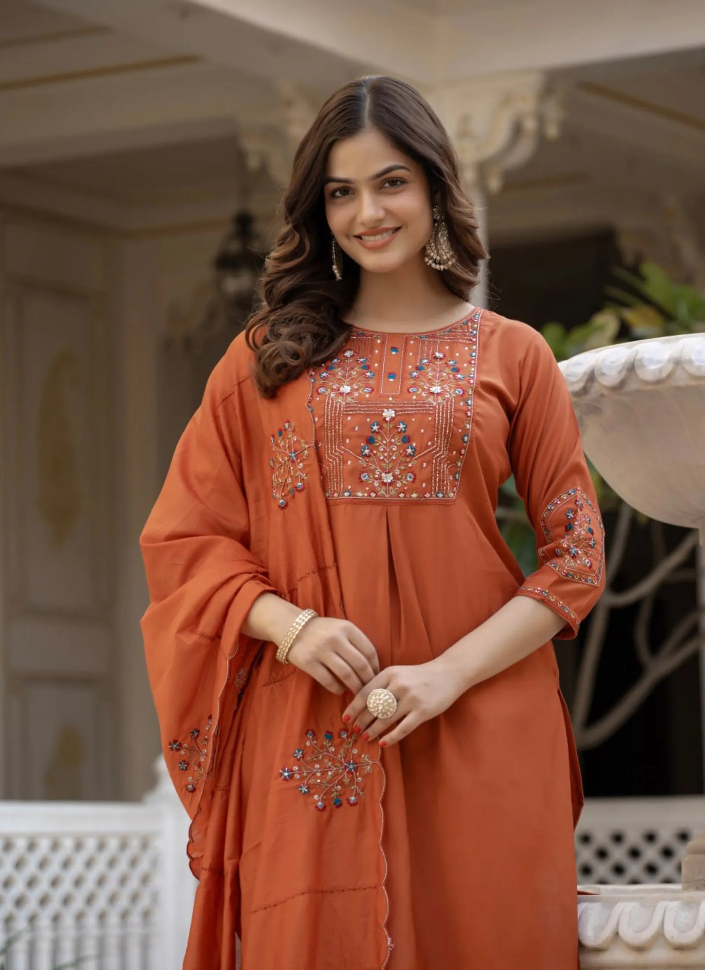 Orange Pure Viscose Designer Kurti Set
