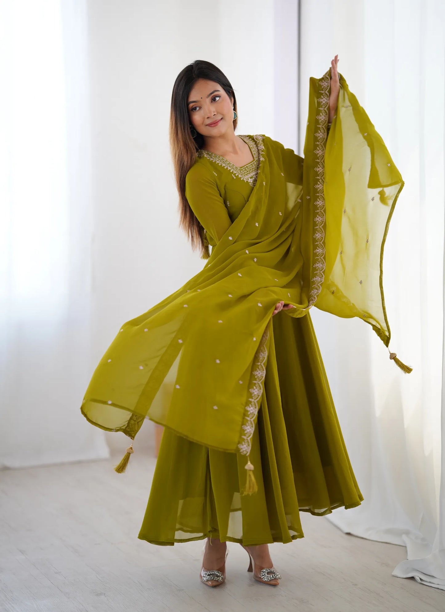 Pure Soft Fox Georgette Anarkali Mehndi