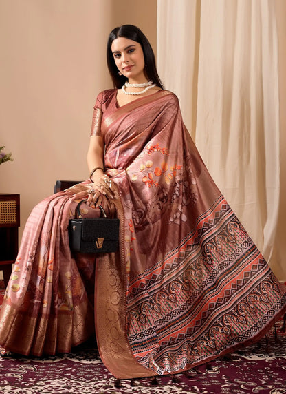 Premium Soft Lichi Silk Saree Brown