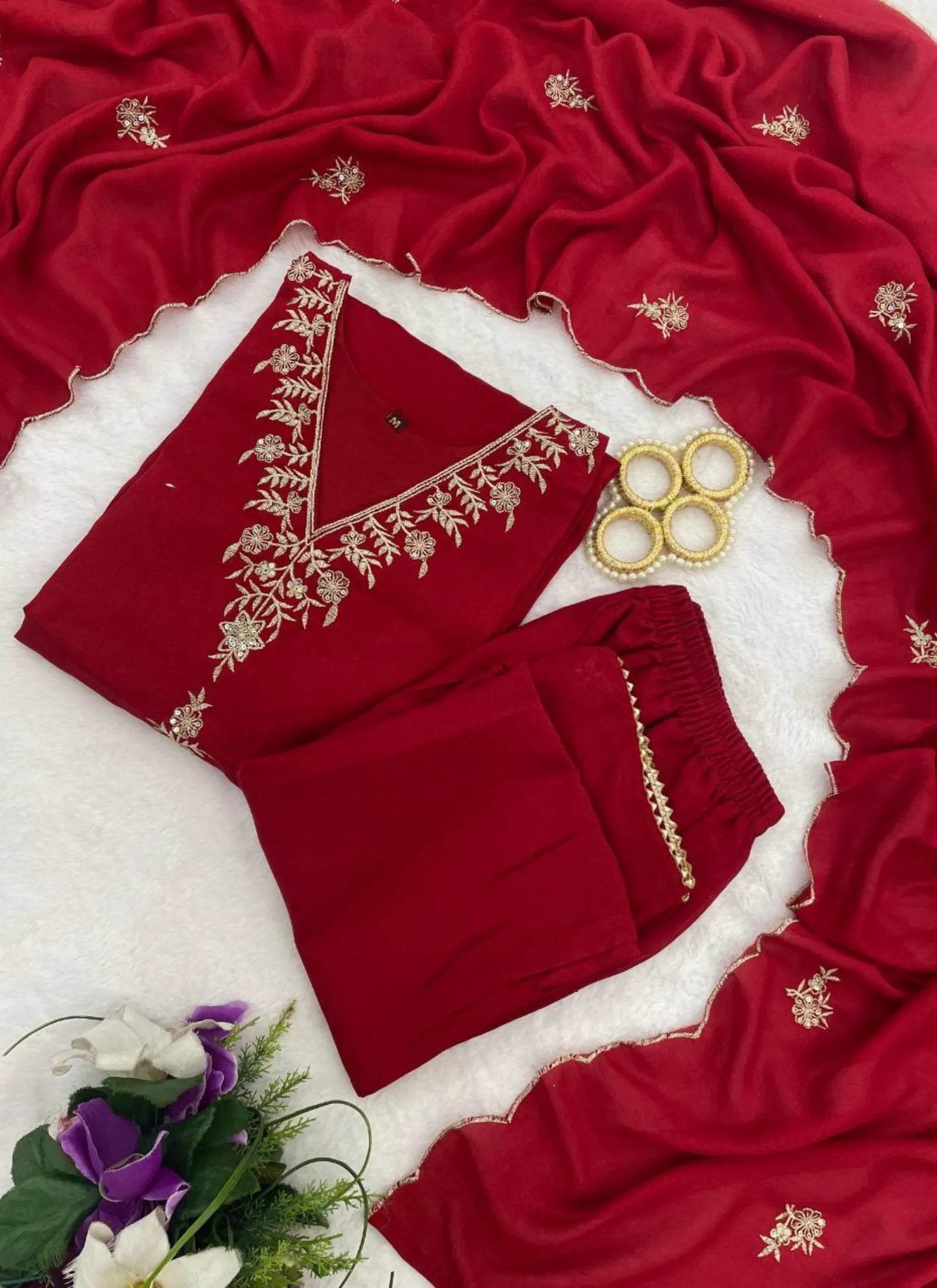 Premium Vichitra Silk Kurta Set Red