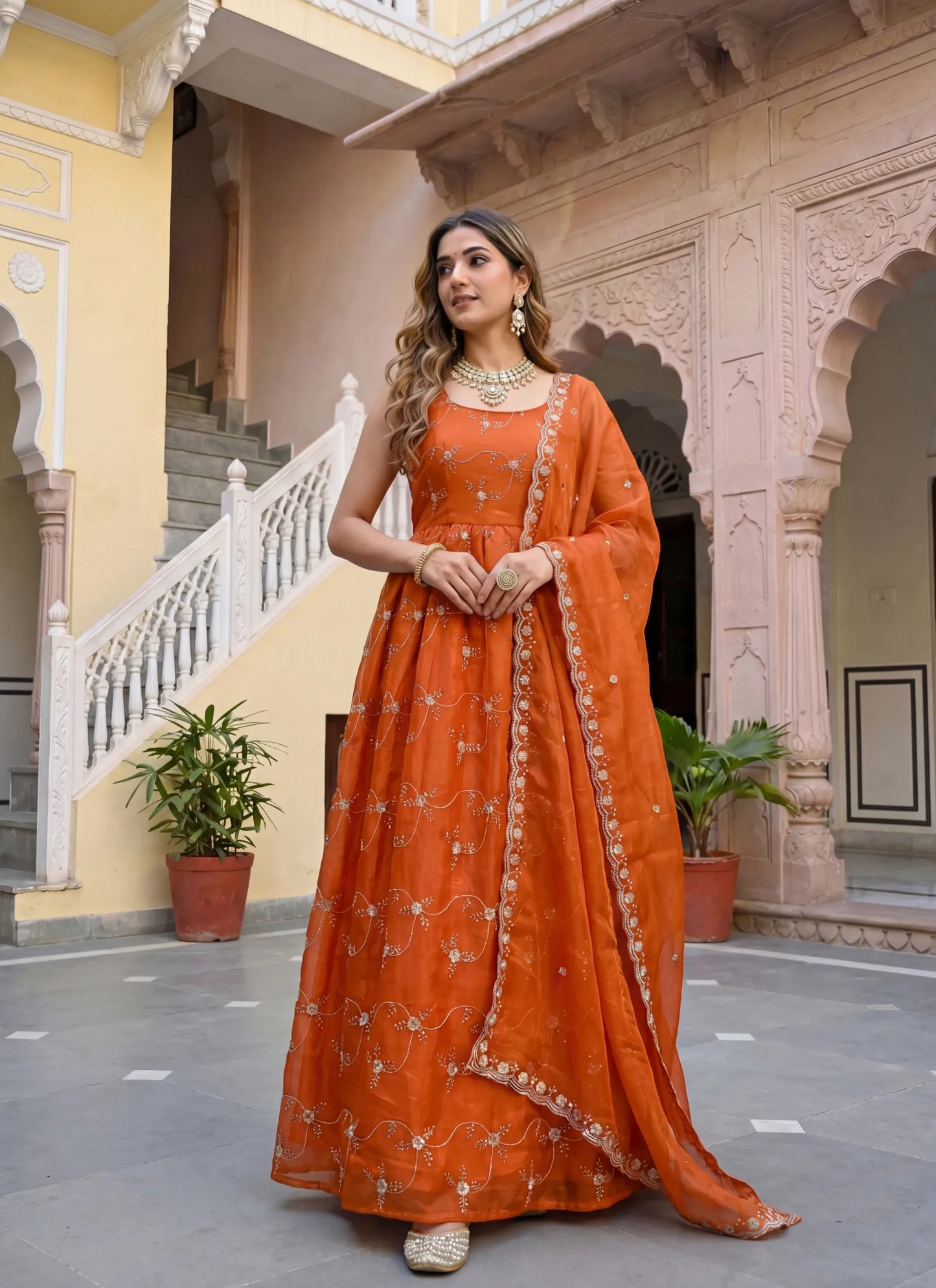 Orange Fandy Silk Embroidery Anarkali Gown
