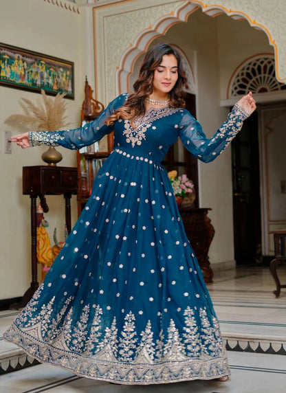 Blue Georgette Thread Work Anarkali Suit