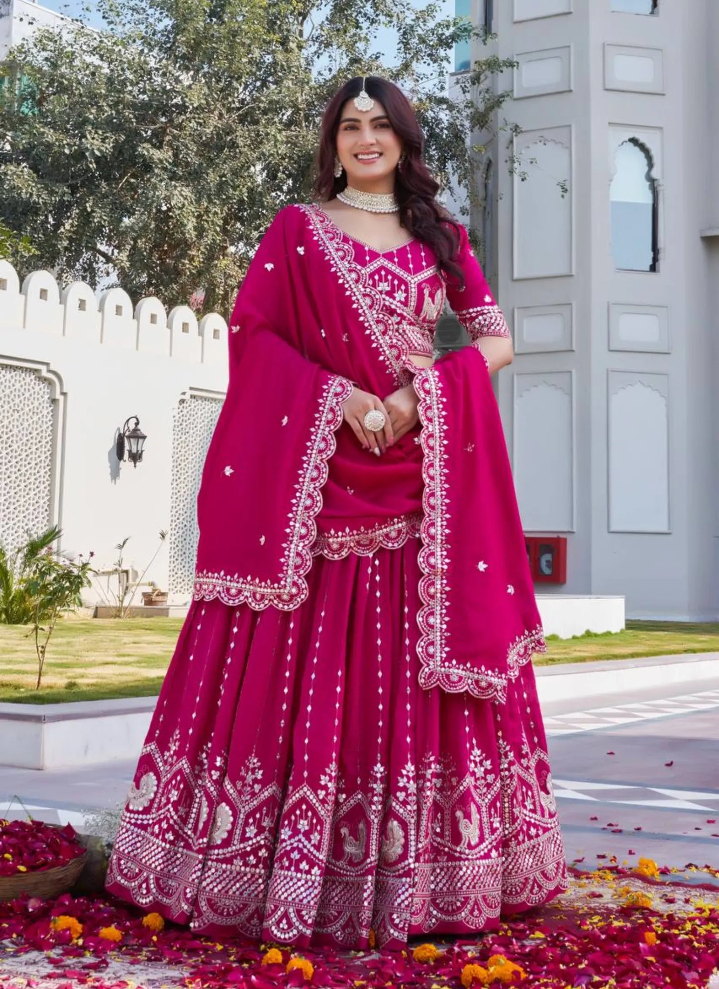Pink Pure Vichitra Silk Embroidery Work Lehenga Choli