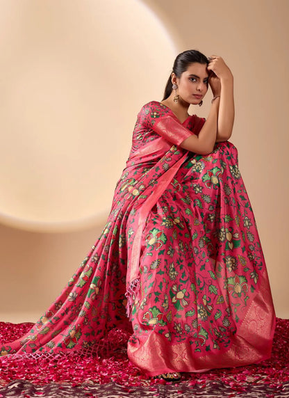 Floral Print Soft Lichi Silk Saree Pink
