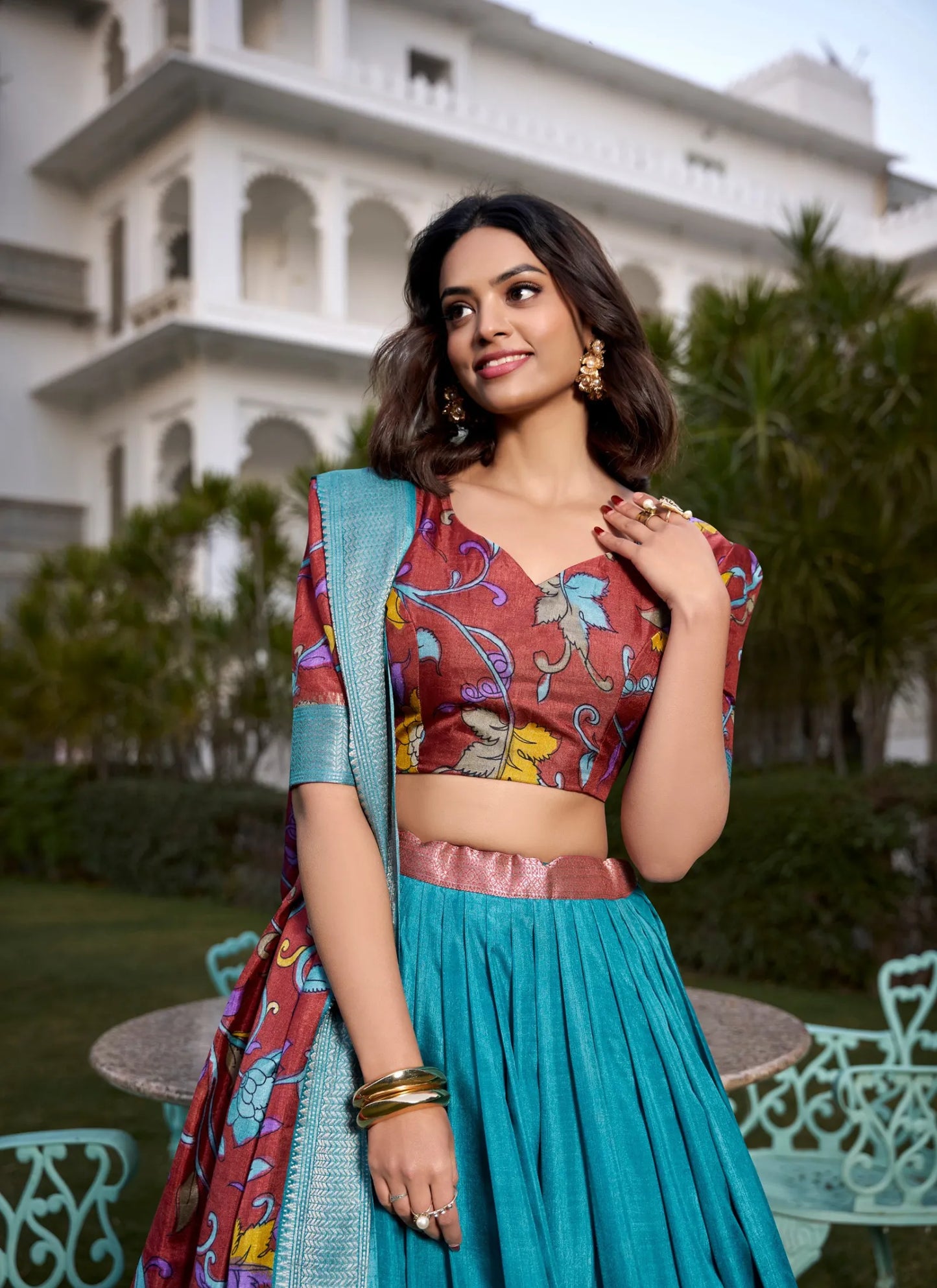 Beautiful Tusser Silk Lehenga Choli Sky