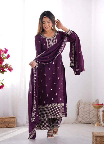 Pure Chinon Silk Embroidery Kurta Wine