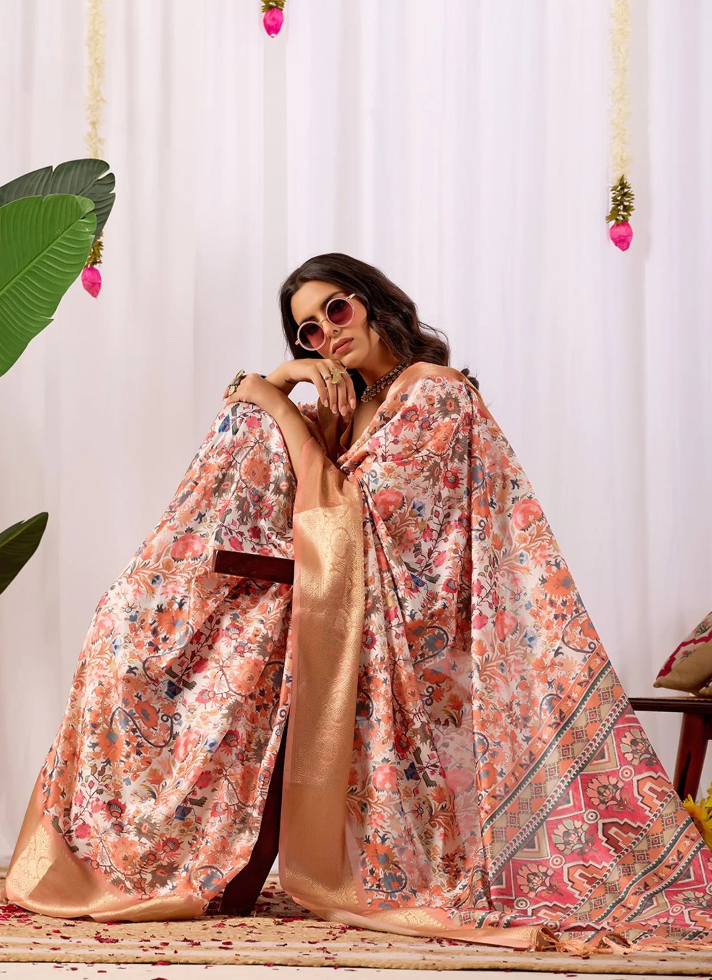 Intricate Floral Print Soft Lichi Silk Saree