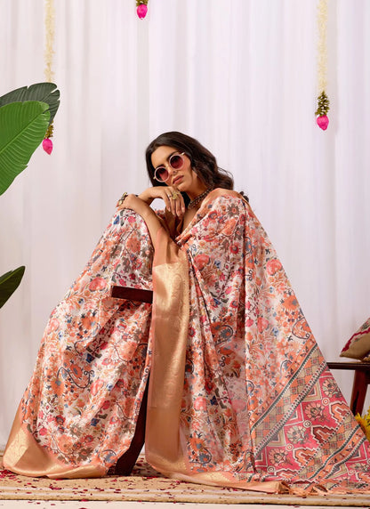 Intricate Floral Print Soft Lichi Silk Saree