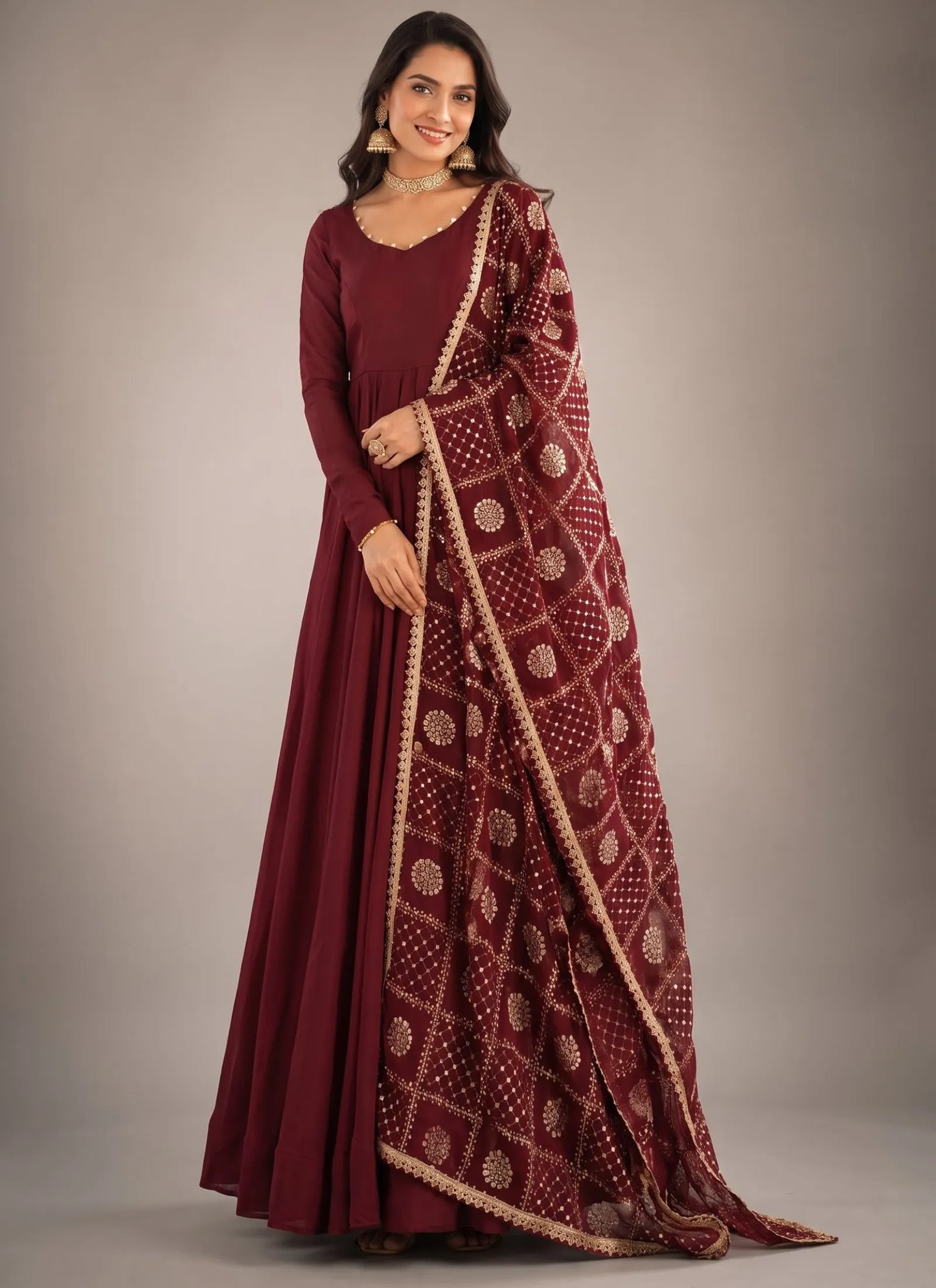 Maroon Heavy Roman Silk Anarkali Suit