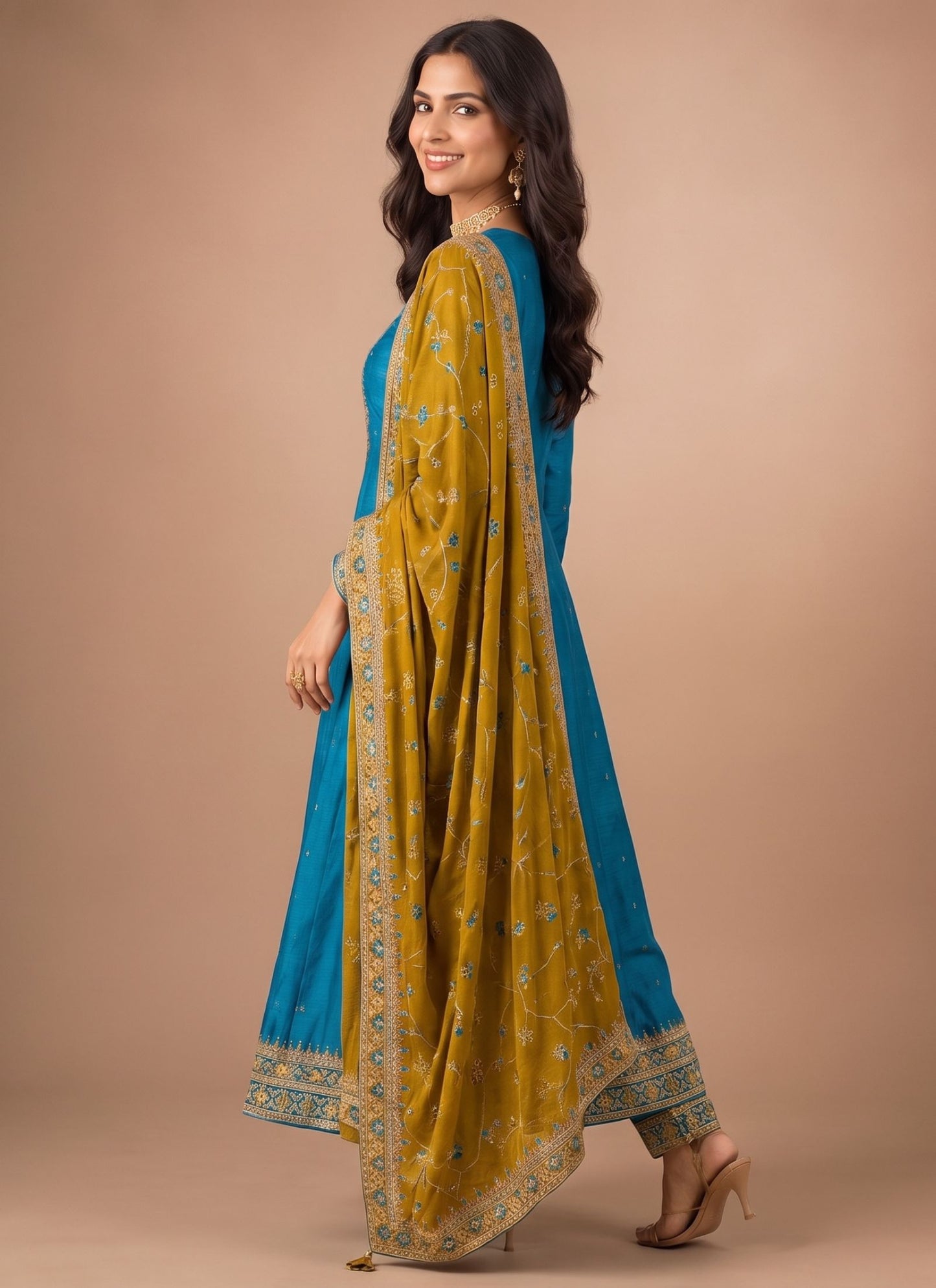 Peacock Vichitra Silk Designer Anarkali Set