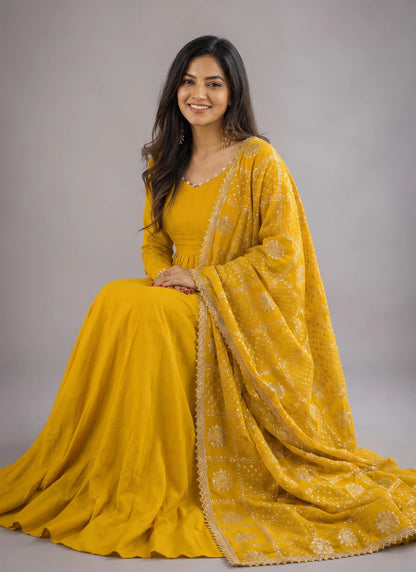 Yellow Heavy Roman Silk Anarkali Suit