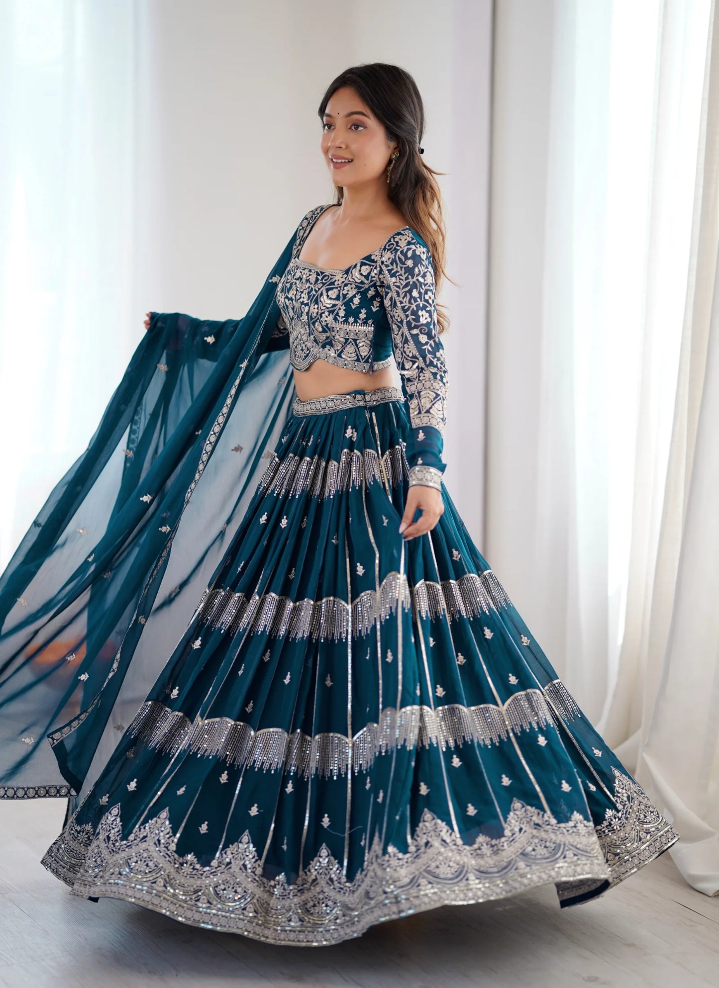 Blue Faux Georgette Thread Embroidery Lehenga Choli