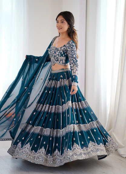 Blue Faux Georgette Thread Embroidery Lehenga Choli