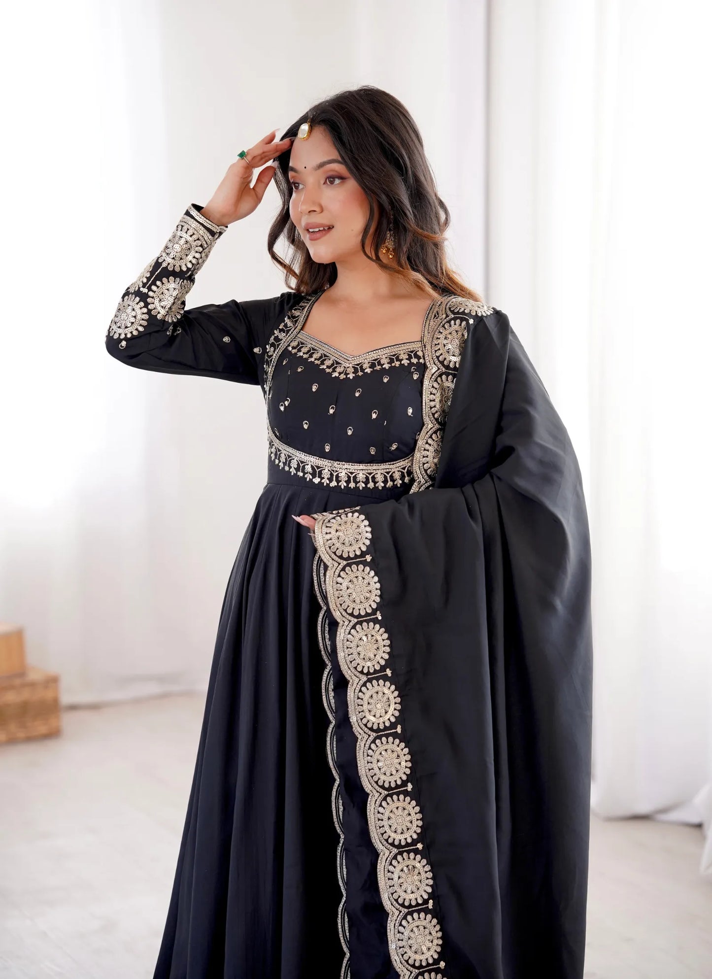 Black Roman Silk Designer Anarkali Suit