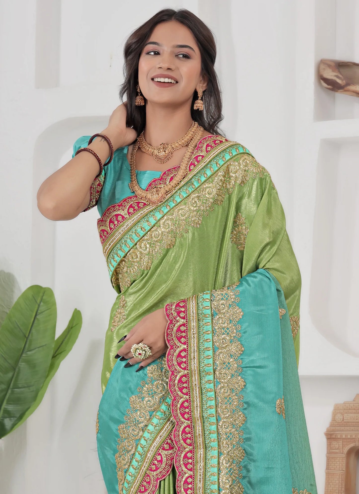 Beautiful Embroidery Silk Saree Green