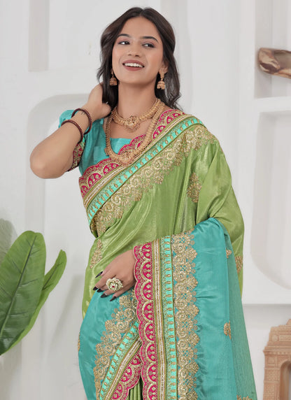 Beautiful Embroidery Silk Saree Green