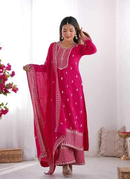 Pure Chinon Silk Embroidery Kurta Pink