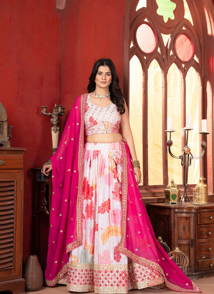 Floral Pink Chinon Silk Lehenga Choli