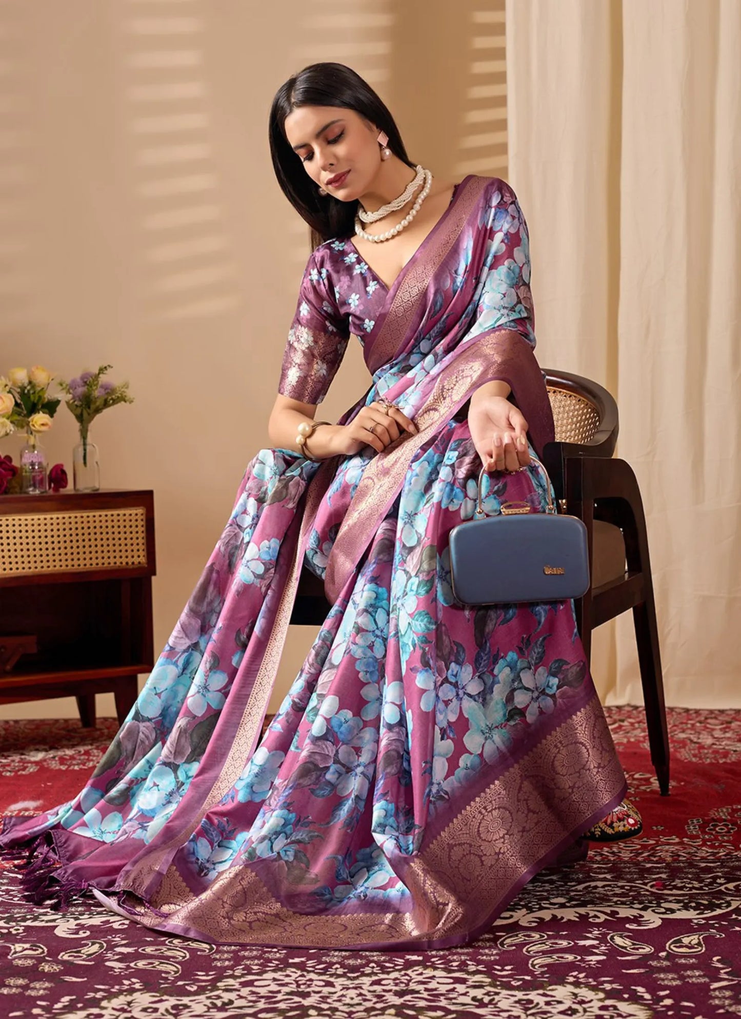 Blooming Floral Print Soft Lichi Silk Saree