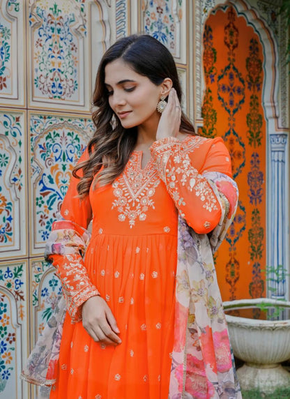 Orange Georgette Thread Work Anarkali Suit