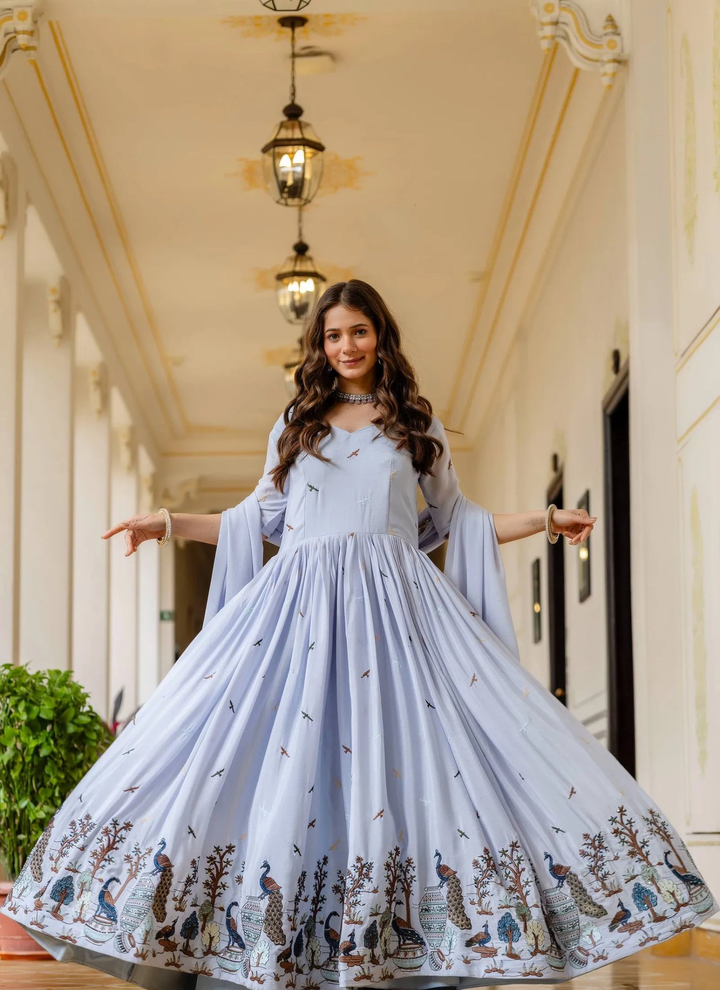 Blue Grey Embroidered Chinon Fabric Gown